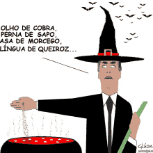 a cartoon of a man wearing a witch hat and holding a green stick