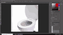 a computer screen shows a toilet with the lid open and a drop of water coming out of it