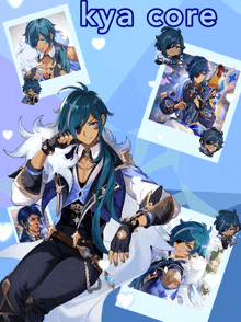 a poster of a man with blue hair and the words kya core on the top