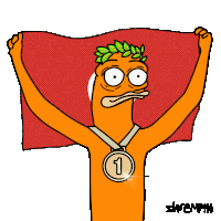 a cartoon character wearing a medal with the number one on it