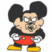 a cartoon of mickey mouse with a very angry look on his face .