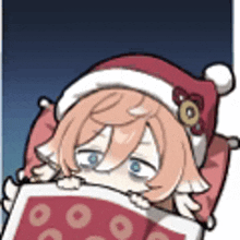 a cartoon of a girl wearing a santa hat and laying in bed .