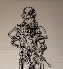 a black and white drawing of a robot holding a gun