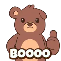 a brown teddy bear giving a thumbs up with the word booo behind him