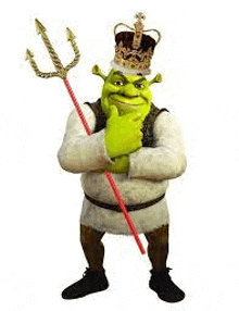 shrek from shrek is wearing a crown and holding a trident and giving a thumbs up .