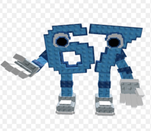a 3d rendering of a blue robot with the number 67 on it
