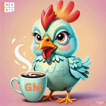 an illustration of a chicken holding a cup of coffee with the letter gm on it