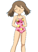 a cartoon girl wearing a pink polka dot swimsuit