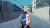 a man in a superhero costume is riding another man 's back