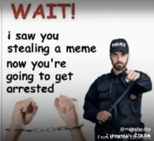 a man in a police uniform is holding a baton in front of a handcuffed man