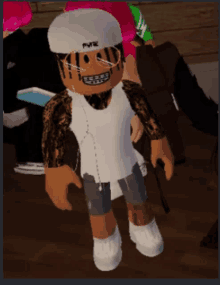 a roblox character is wearing a white hat that says pnre