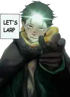 a drawing of a boy with a sign that says let 's larp on it
