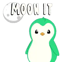 a green penguin is standing in front of a moon and the words moon it