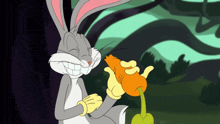bugs bunny is smiling while holding a carrot in his hand