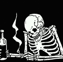 a black and white drawing of a skeleton smoking a cigarette next to a bottle of wine .