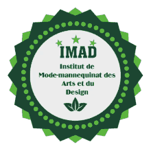 a green and white badge that says imad institut de mode-mannequinat des arts et du design