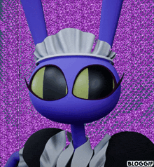 a blue cartoon character wearing a maid outfit and sunglasses