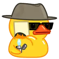 a rubber duck with a hat and sunglasses is holding a lighter