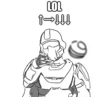 a black and white drawing of a man in armor talking on a cell phone with a ball in the background .