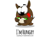 a cartoon of a dog eating a sandwich with the words i 'm hungry underneath it