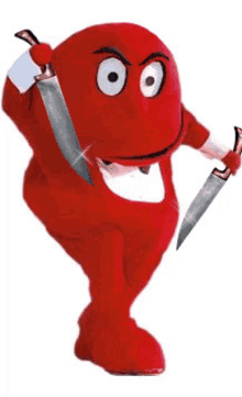 a red mascot is holding a pair of knives in his hands .