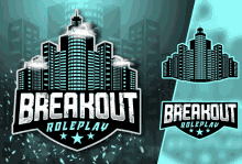 a logo for breakout roleplay with a city skyline