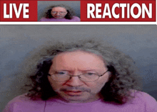 a man with curly hair and glasses is shown in front of a sign that says live reaction