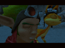 a close up of a cartoon character 's face with a dragon in the background