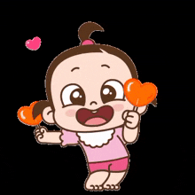 a little girl is holding a heart shaped lollipop in her hand .