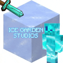 an ice garden studios logo with a minecraft character