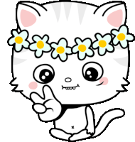 a cat with a flower crown on its head is giving a peace sign