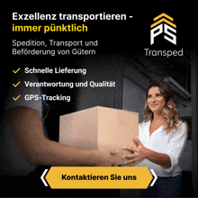 an advertisement for transped shows a woman handing a box to another woman