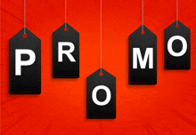 black tags with the letters prmo hanging on a red background