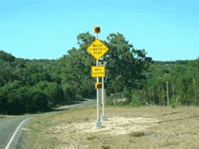 a yellow sign on the side of a road that says watch for water on road