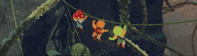 a group of cartoon characters are hanging from a rope in a forest