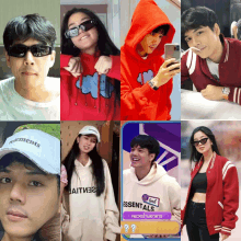 a collage of people with one wearing a hoodie that says essentials on it