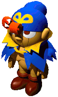 a cartoon character wearing a blue hat with a yellow e on it