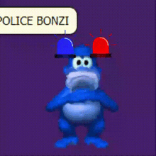 a blue stuffed animal with a police hat and lights on his head .