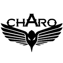 a black and white logo of a bird with wings and the word charo on it .