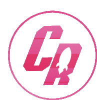 a pink logo with the letter cr and a rocket in the middle