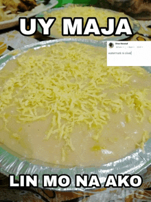 a plate of food with the words uy maja on it