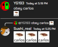 a screenshot of a conversation between carlos and yg193 today at 5:19 pm