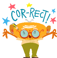 a cartoon character has a pencil in his hand and the words cor-rect written above him