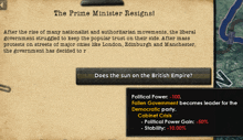 a screenshot of a game that says the prime minister resigns