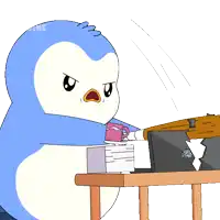 a penguin is holding a baseball bat in front of a broken laptop
