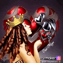 a woman with a crown on her head is kissing a red heart in a starmaker app