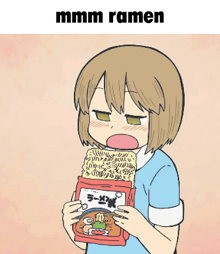 a cartoon of a girl eating ramen with the words mmmm ramen above her