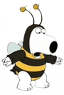 a cartoon dog is dressed as a bee and standing on a white background .