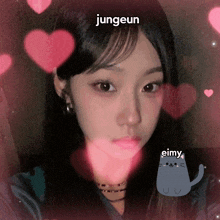 a girl with hearts around her and the name jungeun