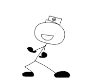 a black and white drawing of a stick figure wearing a hat with a smile on it